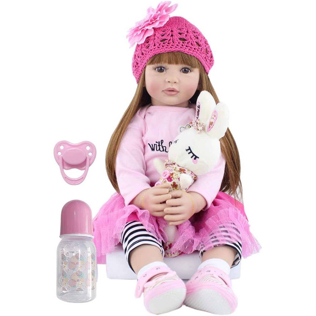 Pinky Real Look 24 Inch 61cm Reborn Doll Lifelike Toddler Doll Vinyl Silicone Long Hair Baby Toy Gift