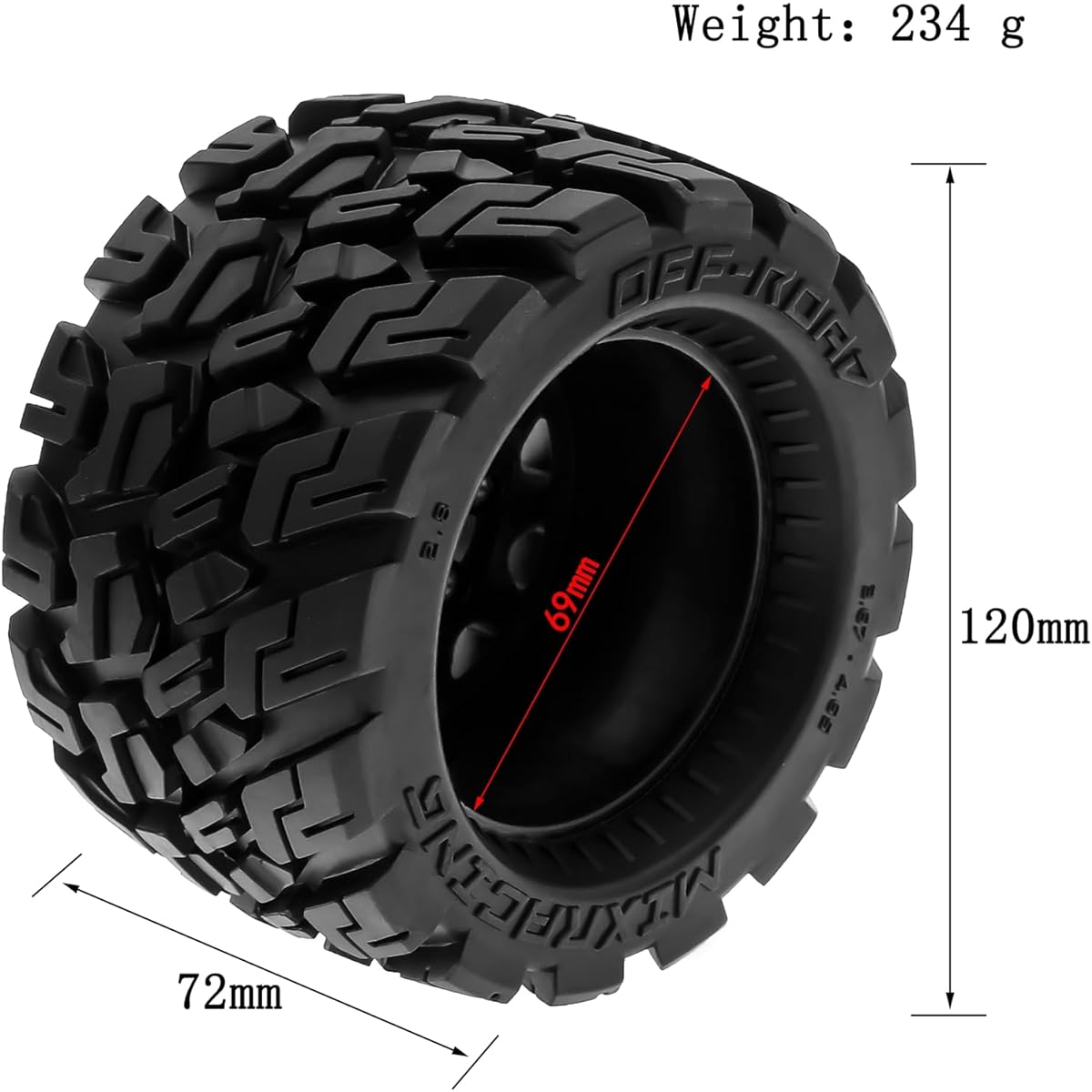 Snsowed Remote Control Crawler Rubber Car Black Tires 120*72*69mm 4pcs Replacement for Kyosho Hpi Trax Monster Mk2 Tamiya Axial Remote 1/10 Control Car Wheels
