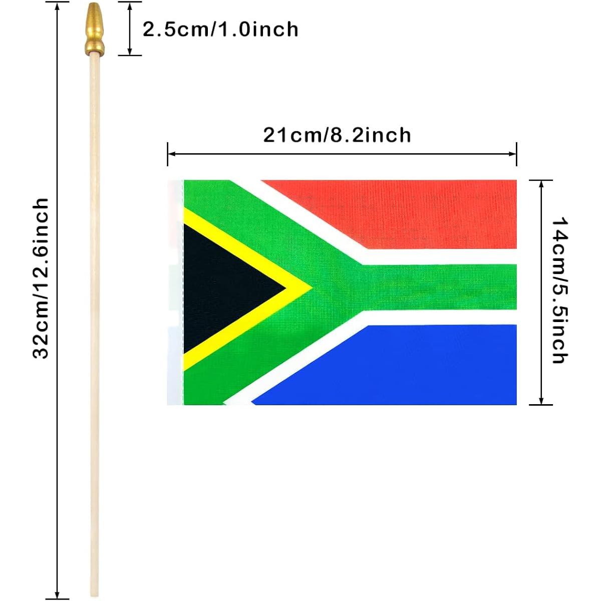 QQSD South Africa Small National Flag South Africa Stick Mini Handheld Flag - Solid Wooden Pole with Spear Top (12 Pack)