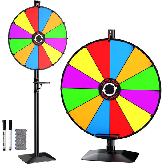 24" Prize Wheel - Dual Use Tabletop or Height Adjustable Floor Stand Heavy Duty Spinner Wheel with 12 Slots & Dry Erase Marker & Eraser for Carnival, Fair, Fortune Spinning Game