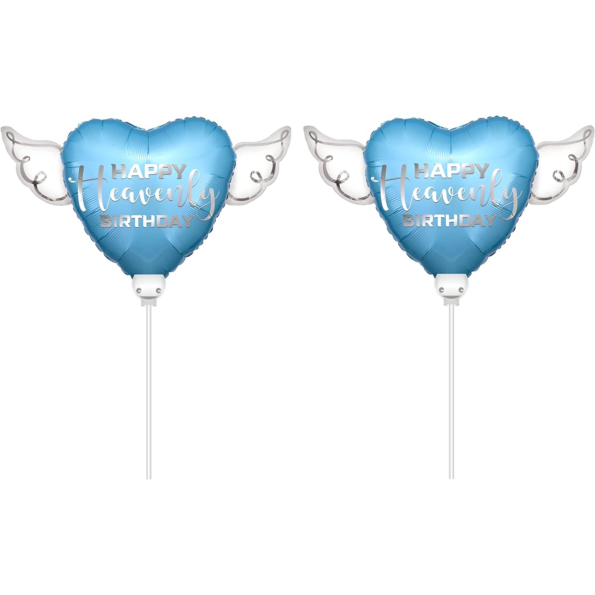 Happy Heavenly Birthday Blue Balloons on Stick Heart Shape with Angel Wings (2 Pack)