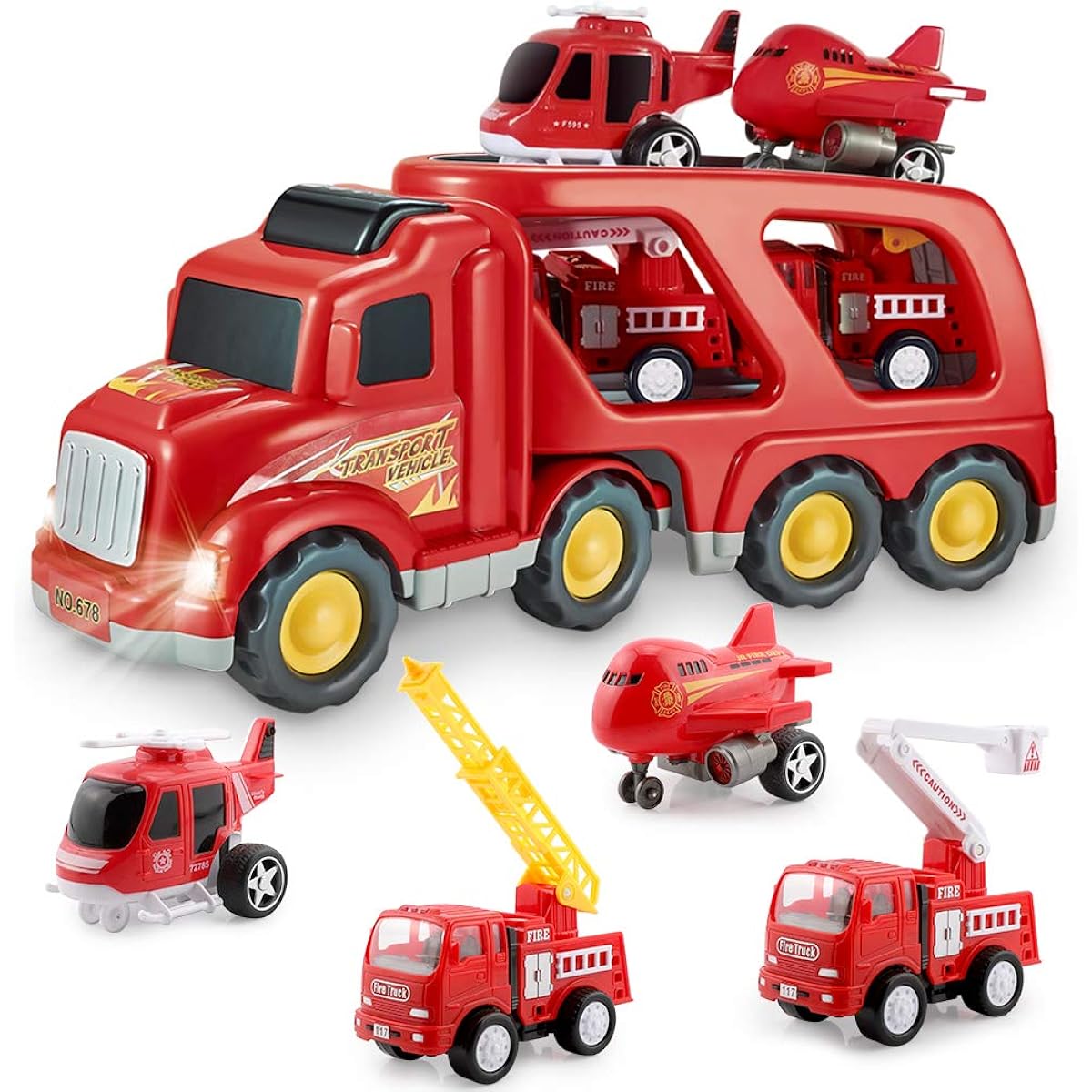 Fire Truck Toy Set Friction Car Carrier Trailer with Sounds and Lights Kids/Toddlers/Boys/Kids Gifts Ages 3 4 5 6 7 with Rescue Vehicle, Helicopter, Plane
