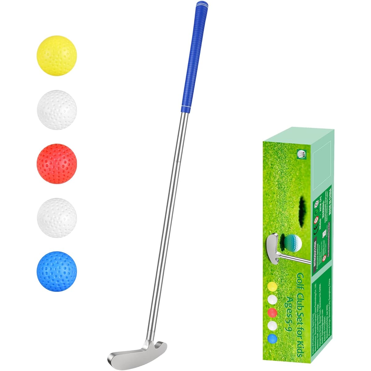 Wassteel Kids Golf Club Aluminum Alloy Golf Putter for Right/Left Handed Indoor/Outdoor Mini Kids Golf Set Golf Set with 5 Plastic Golf Balls Silver