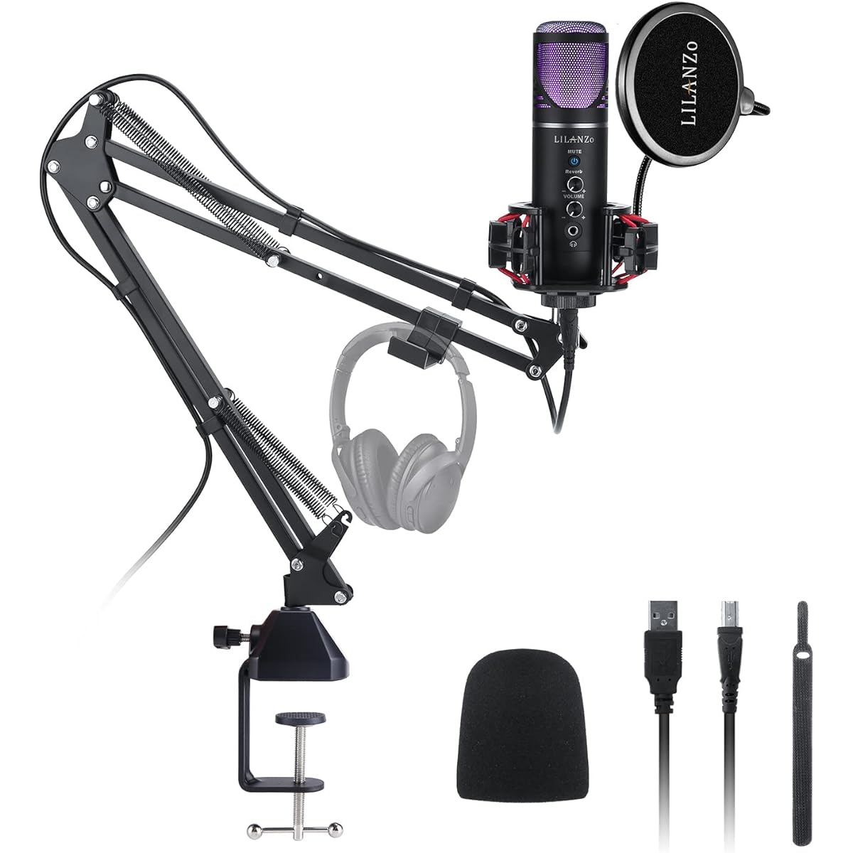 ne, USB Microphone, Unidirectional Gaming Microphone, Microphone Arm, Microphone Set, PC Microphone, with RGB Light, Skype, Music Production, Recording, Live Broadcasting, YOUTUBE, Game Commentary, Working from Home, Compatible with Windows, Mac, and PS4