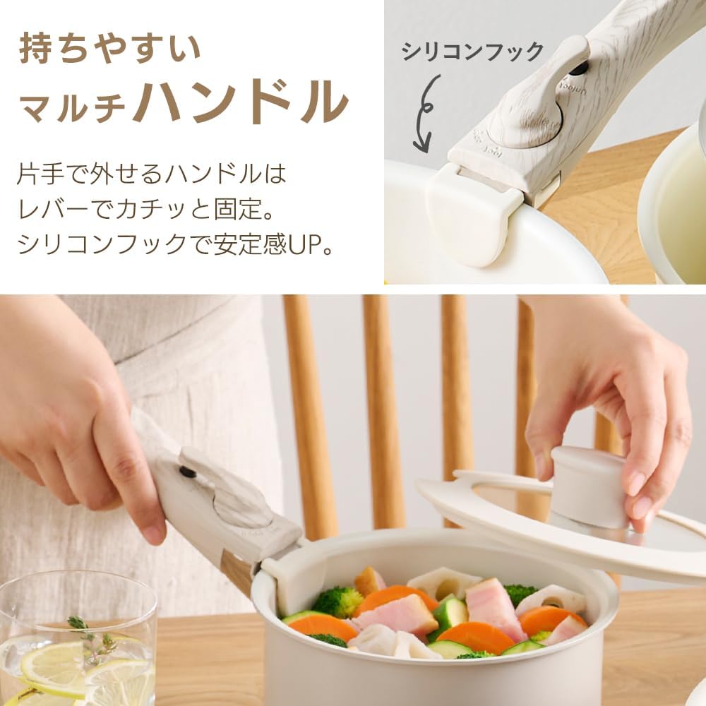 Iris Ohyama Frying Pan Set Compatible with IH & Gas Fires, 10-Piece Set, Frying Pan with Removable Handle, Ceramic Color Pan, Heat Conductive for Quick Cooking, Shorter Cooking Time, Fluffy and Juicy Greige CC-10S