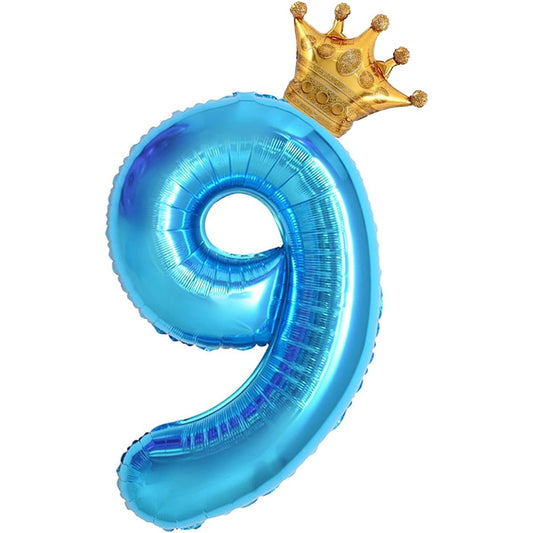 40" Light Blue Number 9 & Mini Crown Balloons Birthday Party Decorations, 9th Birthday Party Decorations, Blue Theme Party Balloons Decorations Supplies