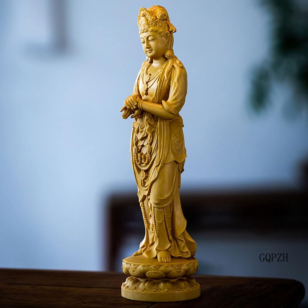 Wood Carving Buddha Statue Kannon Statue Kanzeon Bodhisattva Statue 20cm High Quality Natural Boxwood Wood Carving Art Figure Protective Principal Image Amulet