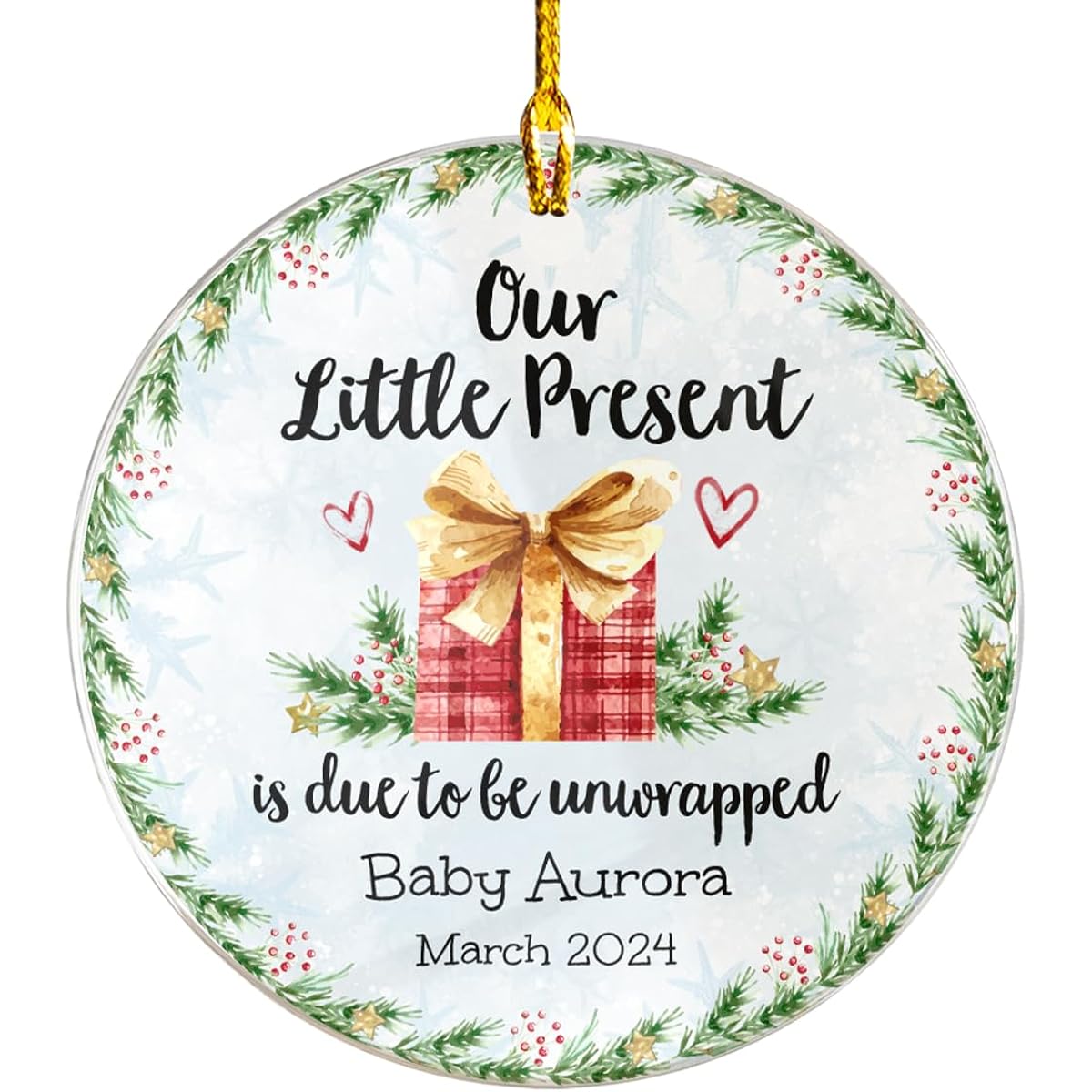 Wassmin Personalized Christmas Ornaments for Pregnant Women 2021 Customized "Our Little Present is Due to Be Unwrapped" Acrylic Plastic Ornament First Christmas Ornament Anticipating Bump to Baby Gift for Parents
