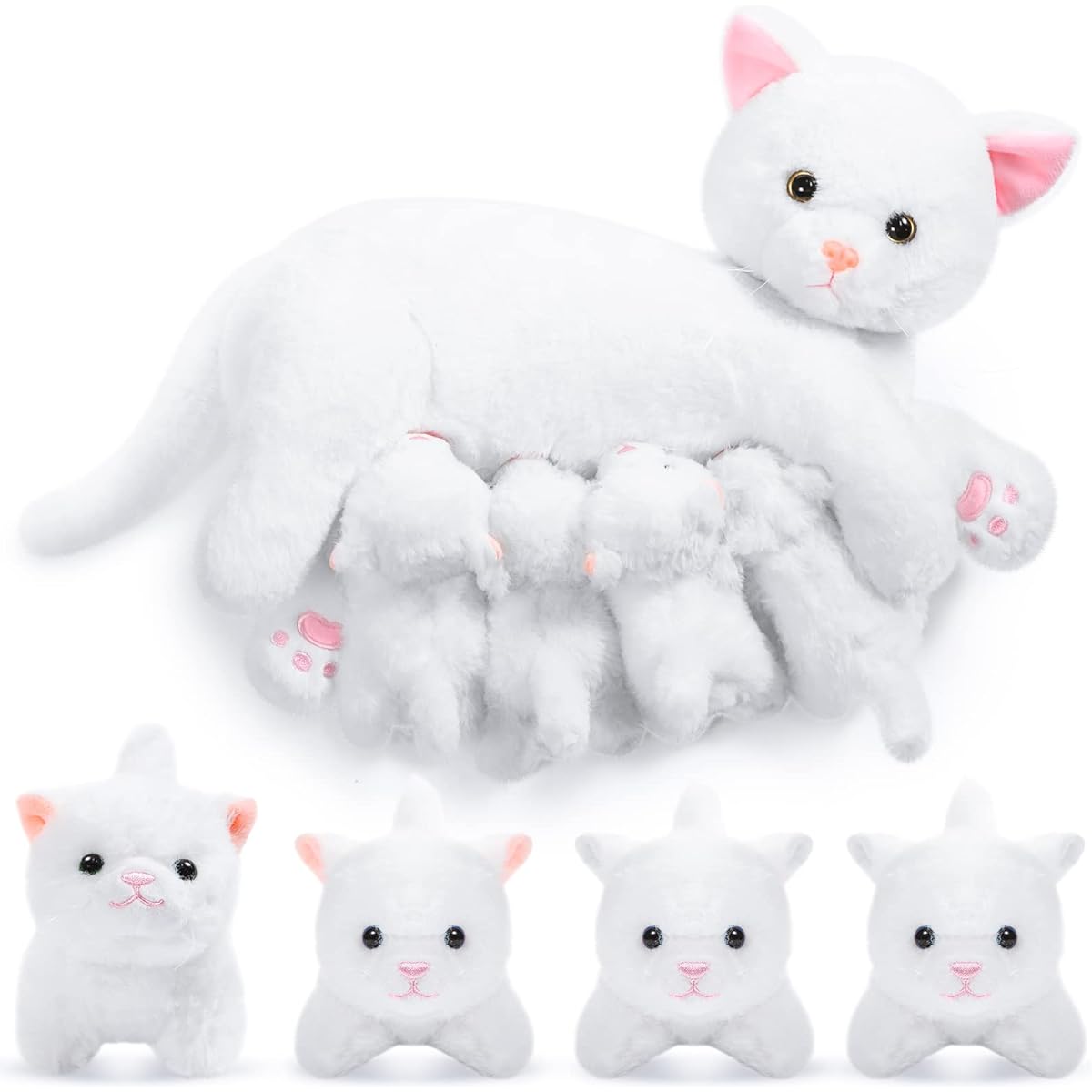 Nurturing Cat Plush Toy Kitten Baby Stuffed Toy Girls Boys Stuffed Kitty Mummy Cat 4 Baby Cats Birthday Party Favors Gift (Warm Style)