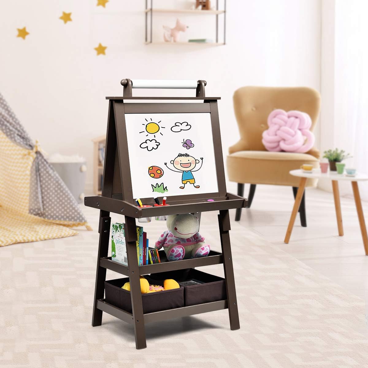 MAT Expert Kids Art Easel 2-Sided Child Easel with Magnetic Whiteboard & Chalkboard & Paper Roll Storage Easel with 2 Tier Rack & 2 Storage Boxes 3-in-1 Toddler Art Craft Supply Drawing Easel (Coffee)