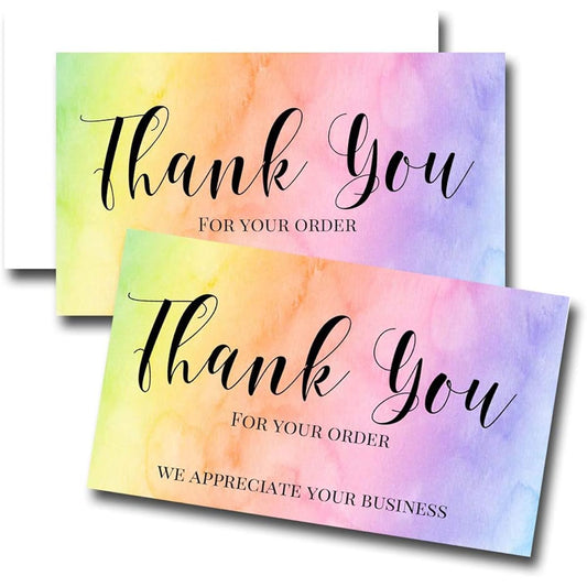AmandaCreation Soft Pastel Rainbow Watercolor Thank You Customer Appreciation Package Inserts for Small Businesses - Pack of 100 2" x 3.5" Single Sided Insert Cards