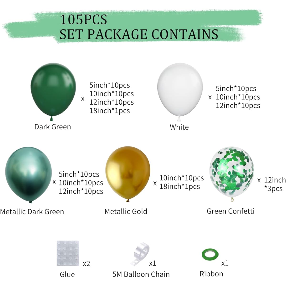 GREMAG Green Balloon Garland, St. Patrick's Day Balloon Garland Arch Kit, 105pcs White, Dark Green, Metallic, Green, Gold Confetti, Latex Balloons, 5, 10, 12, 18 Inch for Jungle Theme Party