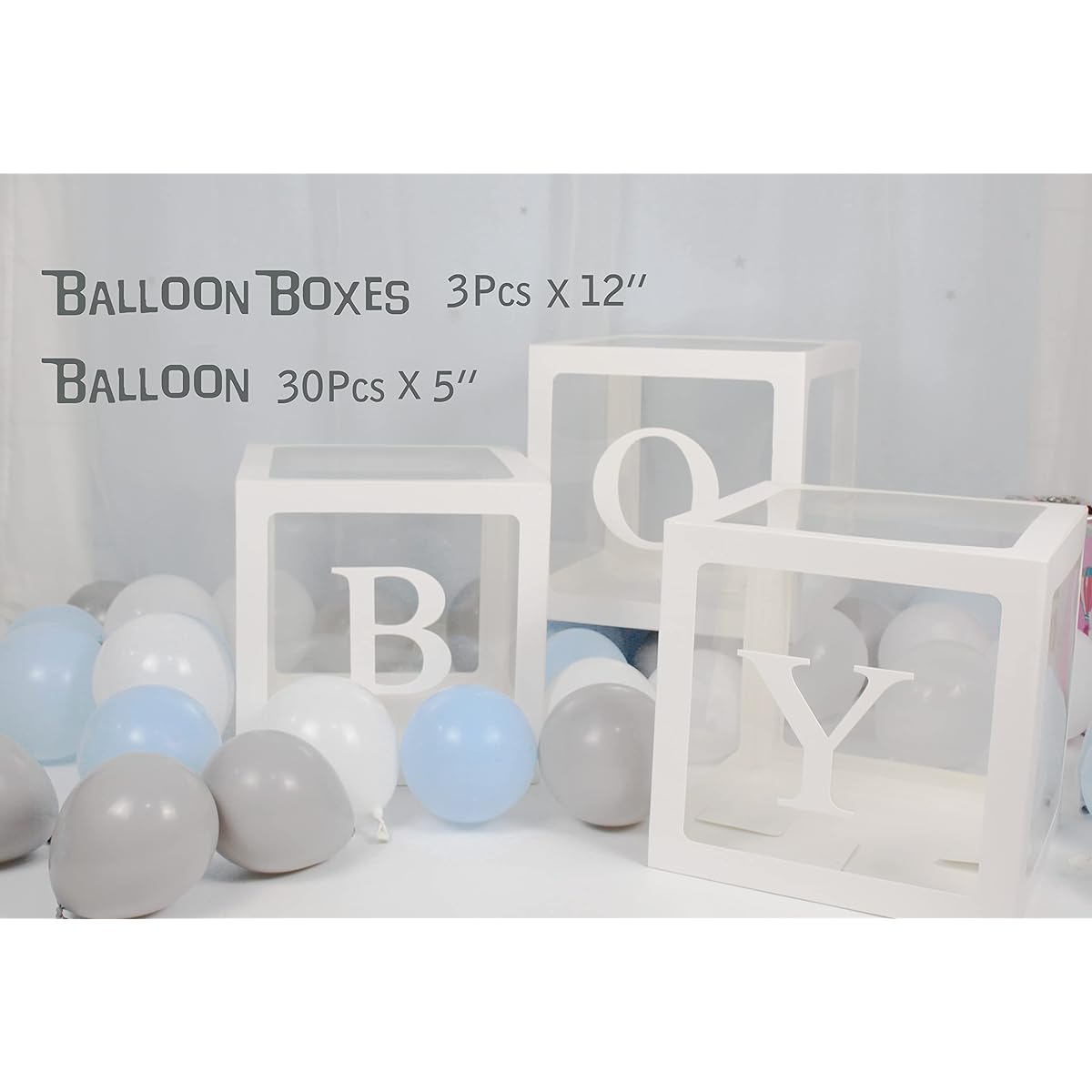 luckylibra Baby Shower Decorations for Boys B-O-Y Clear Balloon Box Latex Balloons Boys Banner Elephant Garland Paper Lanterns Paper Flowers Pompoms (Grey Blue White)