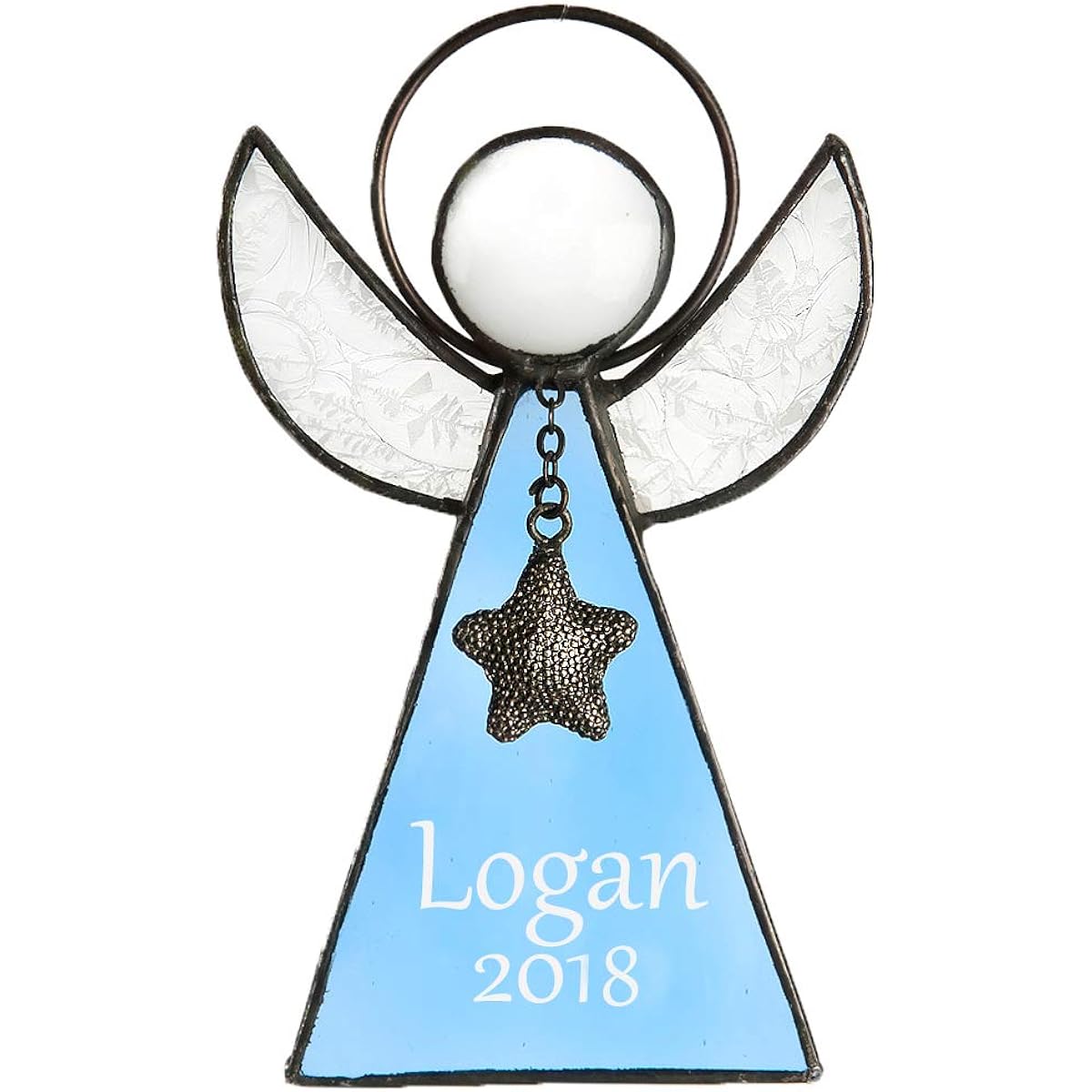 Personalized Engraved Angel Ornament Blue Stained Glass Window Sun Catcher Baby's First Christmas Tree Decoration Holiday Decor Memorial Commemoration Sympathy Gift J Devlin ORN 215-3 EO103