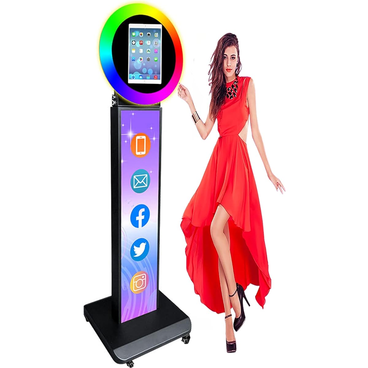 NETSOLAR Portable Photo Booth Shell Stand Stand for iPad 10.2" 10.9" 11" 12.9" Customized Logo Selfie Photo Booth Machine with RGB LED Ring Light and Honeycomb Box for Events/Rentals/Weddings (Black)