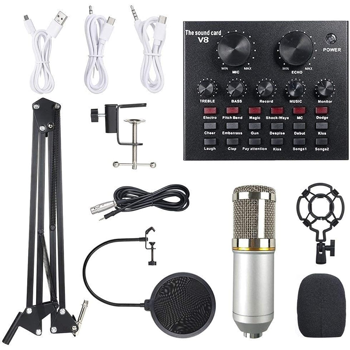 Multifunctional Live Sound Card & Suspension Microphone Kit Broadcast Recording Condenser Microphone Set Intelligent Volume Adjustable Audio Mixer Sound Card (Silver2)