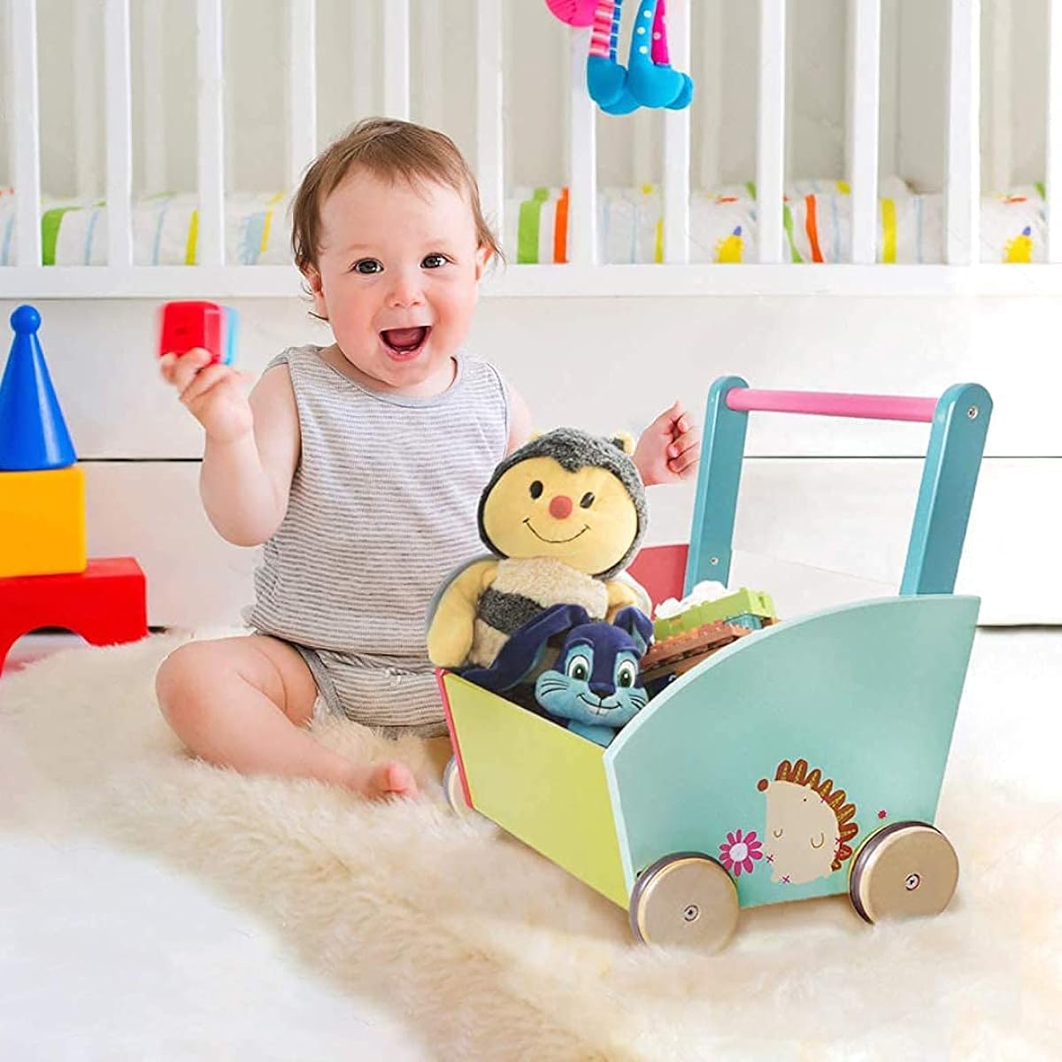 Labebe Kids Walker Push & Pull Wheelbarrow Toy Wagon Toy Clack Walker - Green Hedgehog