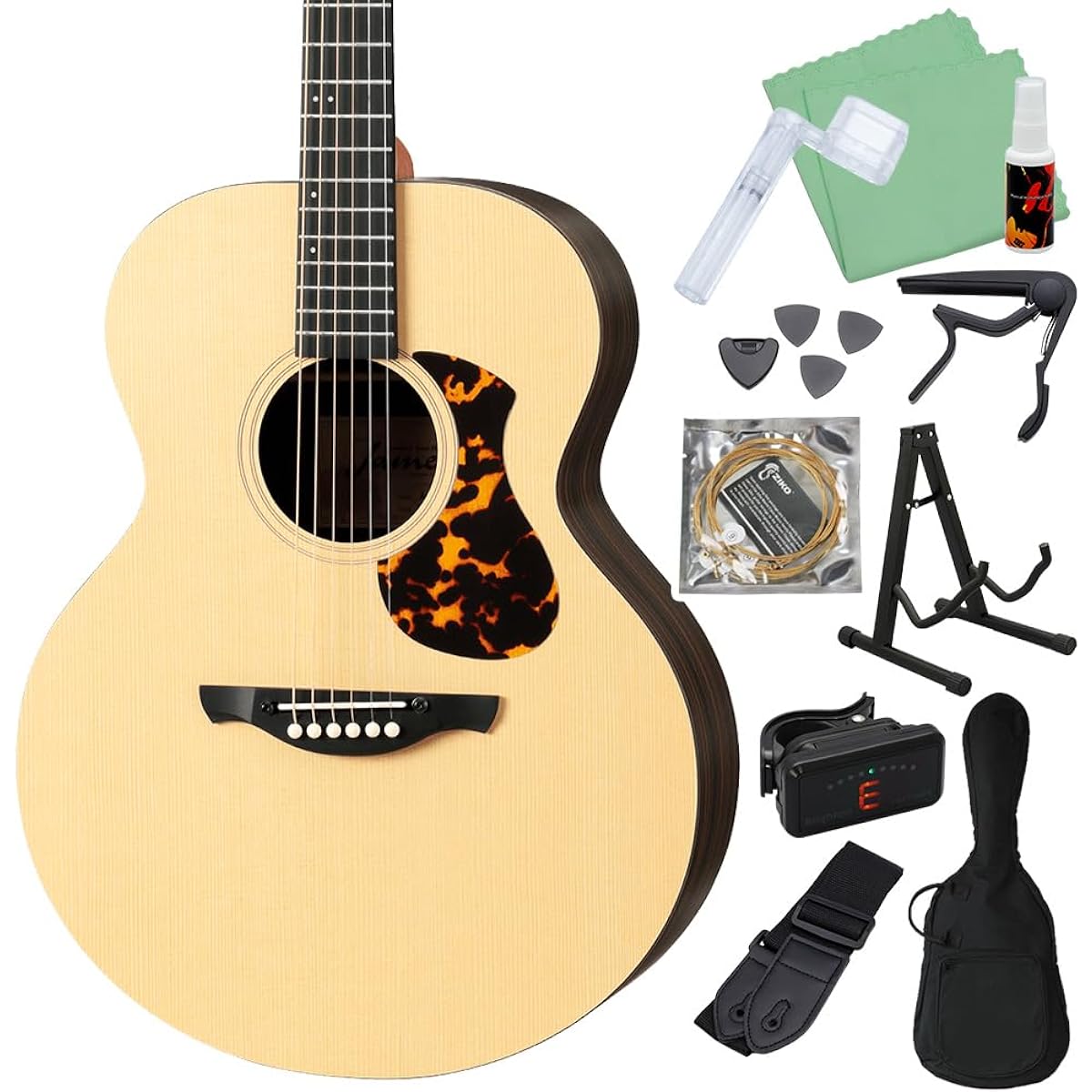 James J-1A Acoustic Guitar Beginner 12-piece Set Adjustable Saddle Easy String Height Adjustment Folk Size James