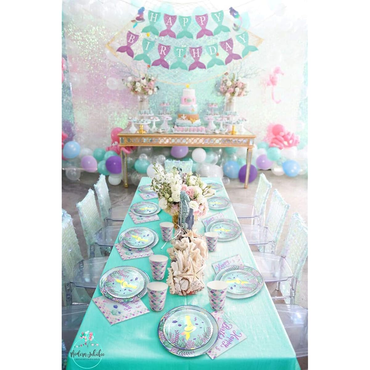 Mermaid Birthday Party Decorations & Supplies Complete Set Kit | Iridescent Banner Plates Cups Cutlery Napkins Balloons Net Turquoise Tablecloth | Serves 16