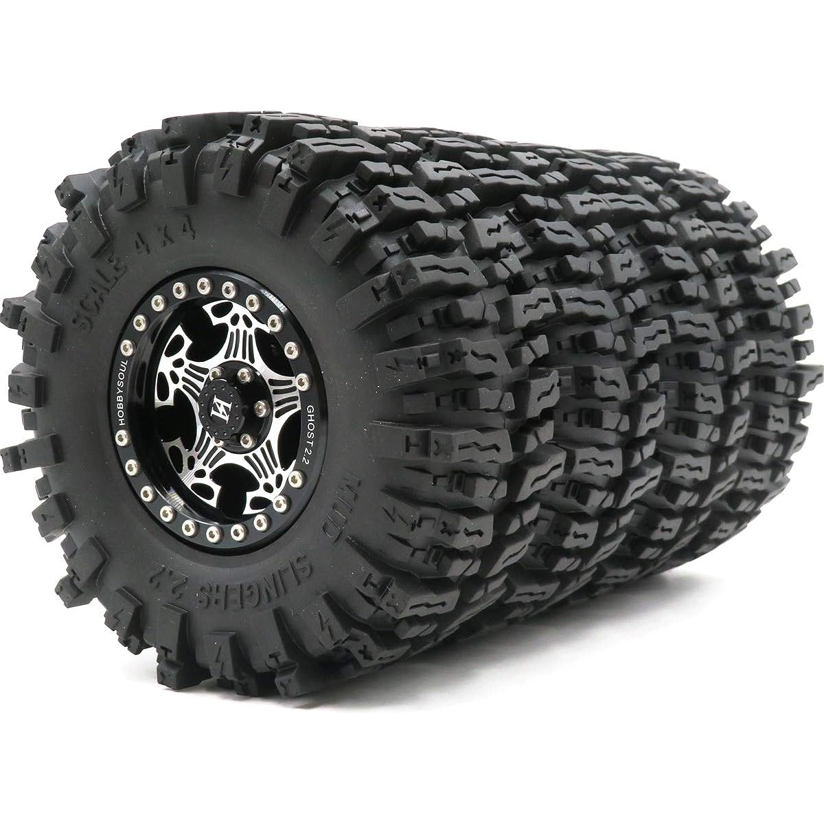 Hobbysoul RC 2.2 Mud Slinger Crawler Tires Super Grip Tires 124mm Height & Aluminum 2.2 Beadlock Wheel Rims Silver Black 4pcs