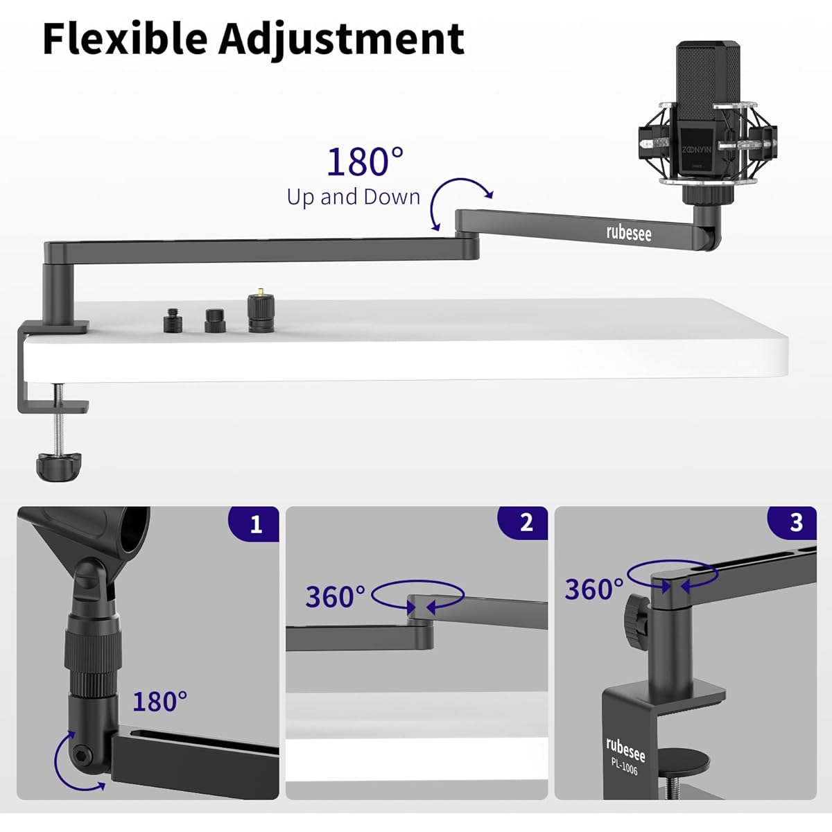 rubesee Low Profile Microphone Boom Arm Adjustable Stick Mic Arm Stand with Desk Mount Clamp/Screw Adapter/Mic Clip, Fully Rotatable Aluminum Low Arm for Podcasting/Streaming/Gaming/Office