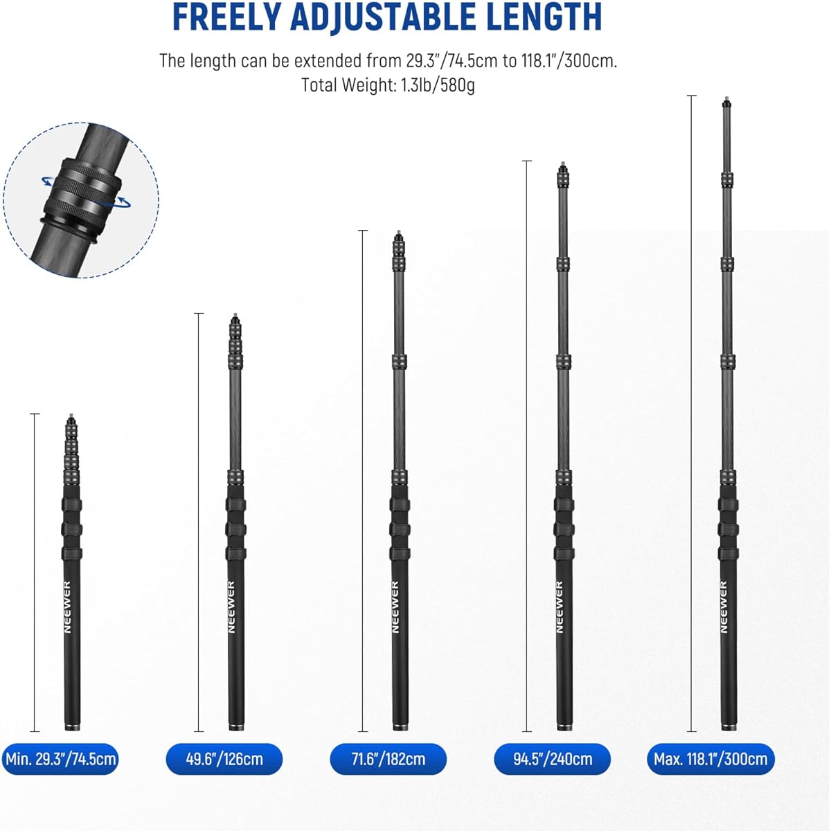 NEEWER New Edition Microphone Boom Pole 300cm Telescoping Carbon Fiber Microphone Boom Arm 5 Sections 1/4" 3/8" 5/8" Screw Adapter Cable Strap Shoulder Strap Storage Bag MS-300CR (Black)