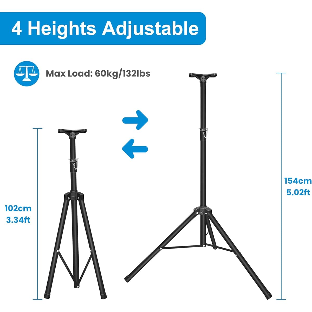 Tripod Speaker Stand (Pro) - Mocleber Professional Tripod Construction (Heavy Duty) Supports up to 60kg/130lbs - 4 Adjustable Height Levels from 3.3ft to 5ft DJ PA Speaker Stand Easy Storage (Non-Slip) - Black