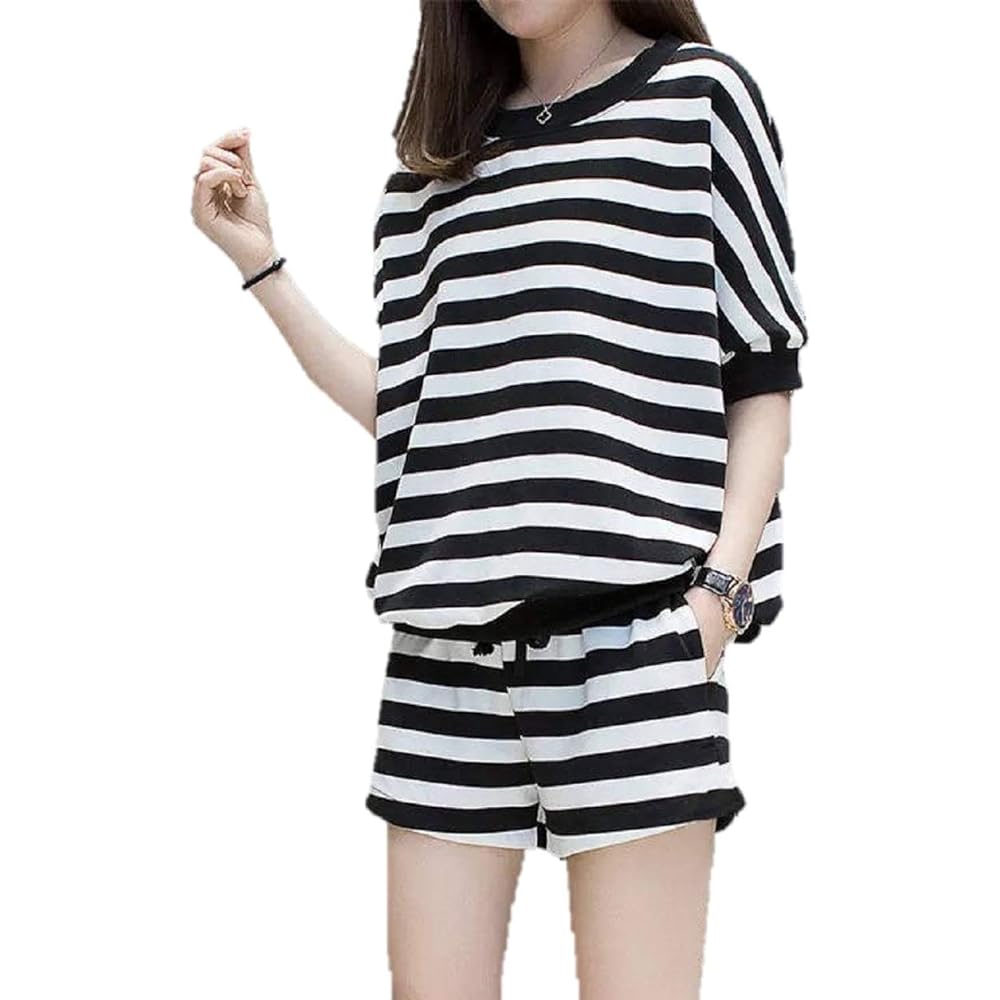 [Asminari] Border Loungewear Pajamas Jersey 2 Piece Set Top and Bottom Shorts T-Shirt Round Neck Short Sleeve White Black