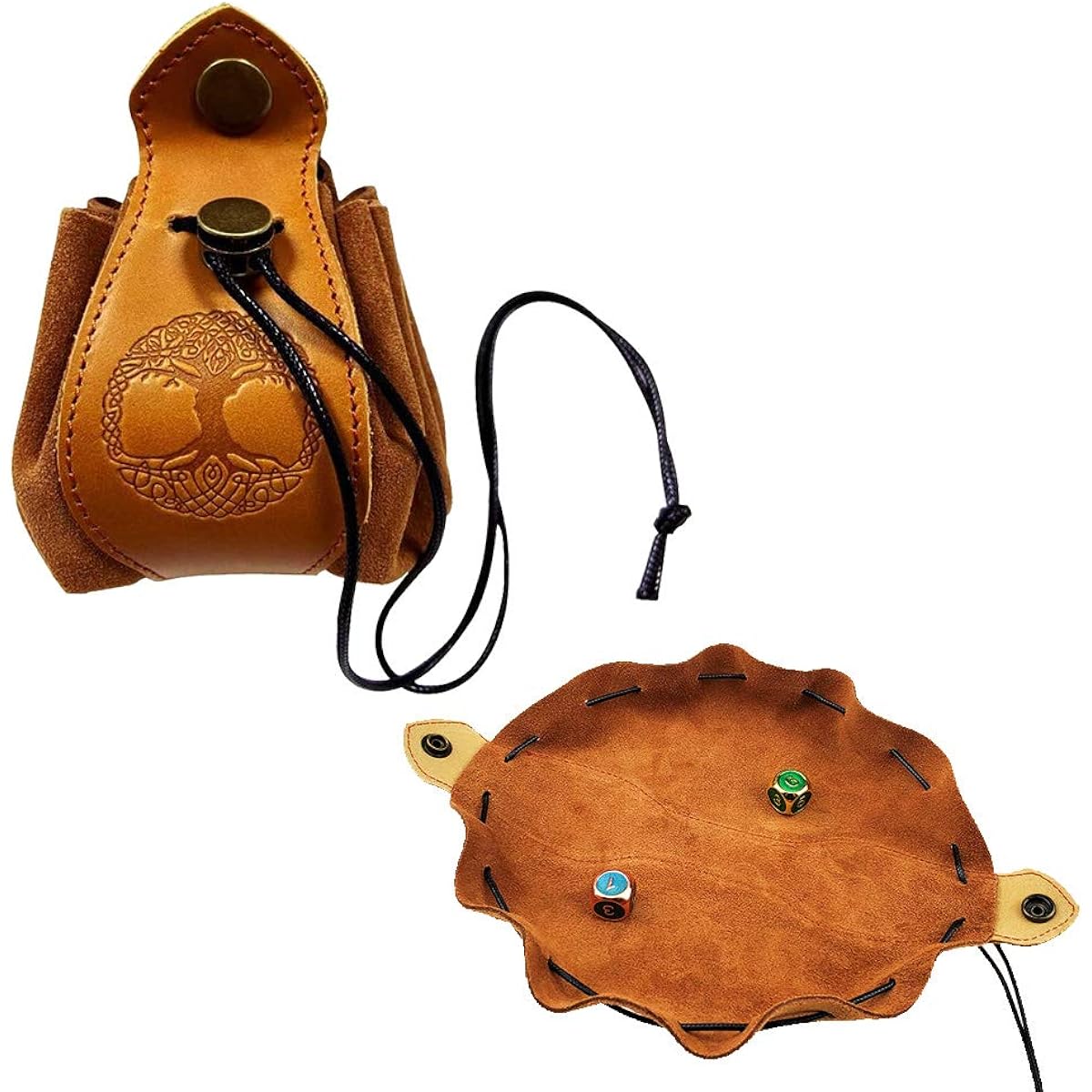 Rollooo Celtic Tree DND Gift Dice Bag with Drawstring & Buttoned Tray Genuine Leather Dice Pouch for D&D Dice Jewelry Coins & Small Accessories