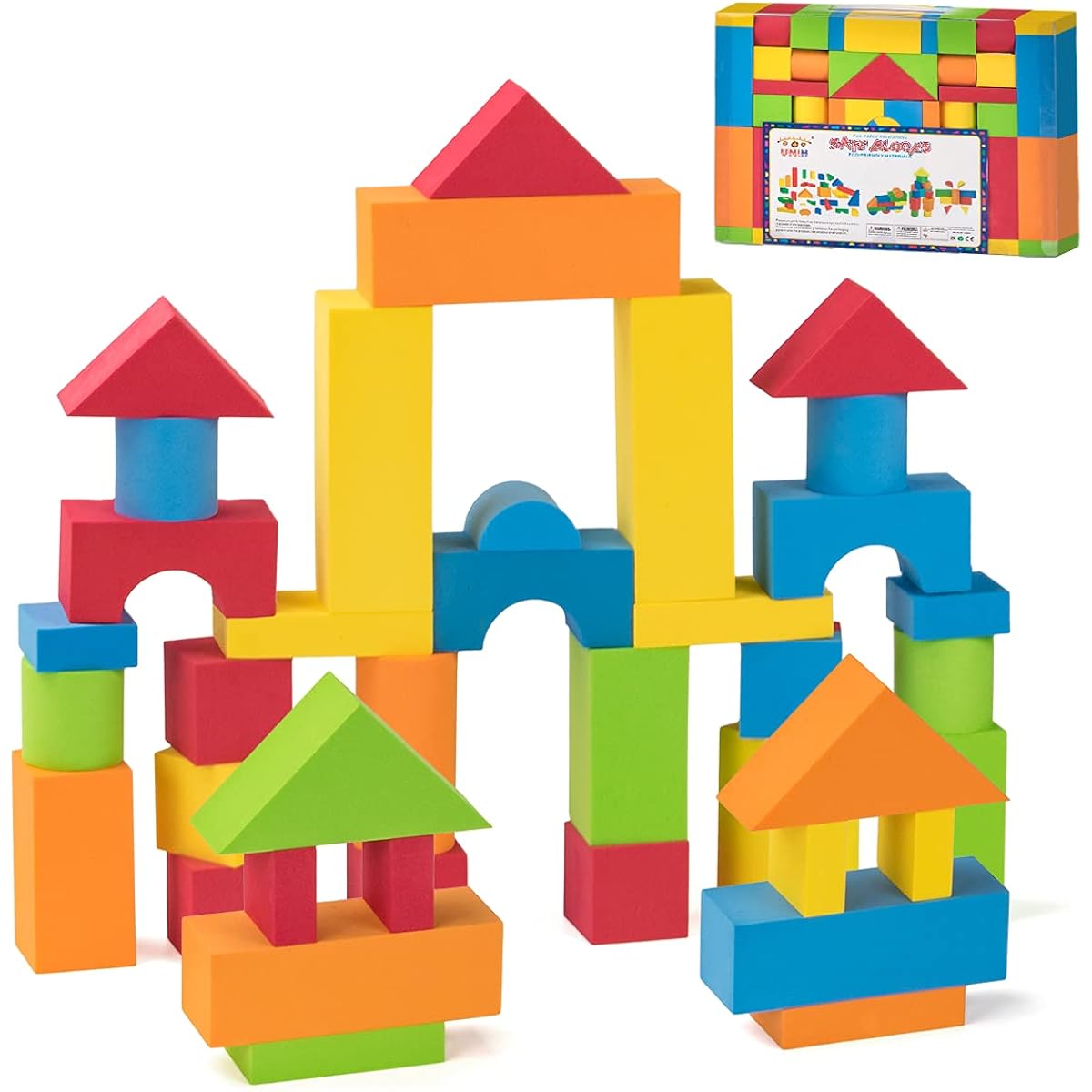 UNIH Toddler Foam Blocks, 100% Safe, Non-Toxic, BPA Free, Waterproof, Lightweight, Soft, Bath Building Blocks Toys for Toddlers, 46 Pieces, Colorful Different Shapes, Toddler Building Blocks