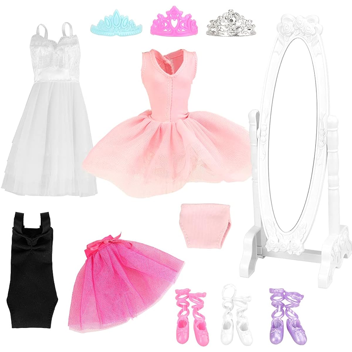 BARWA Ballerina Doll Clothes Ballet Clothes Dance Dress Costume Mirrored Tutu Skirt 3 Piece Set 3 Shoes Crown Accessories for 11.5 Inch Girl Doll