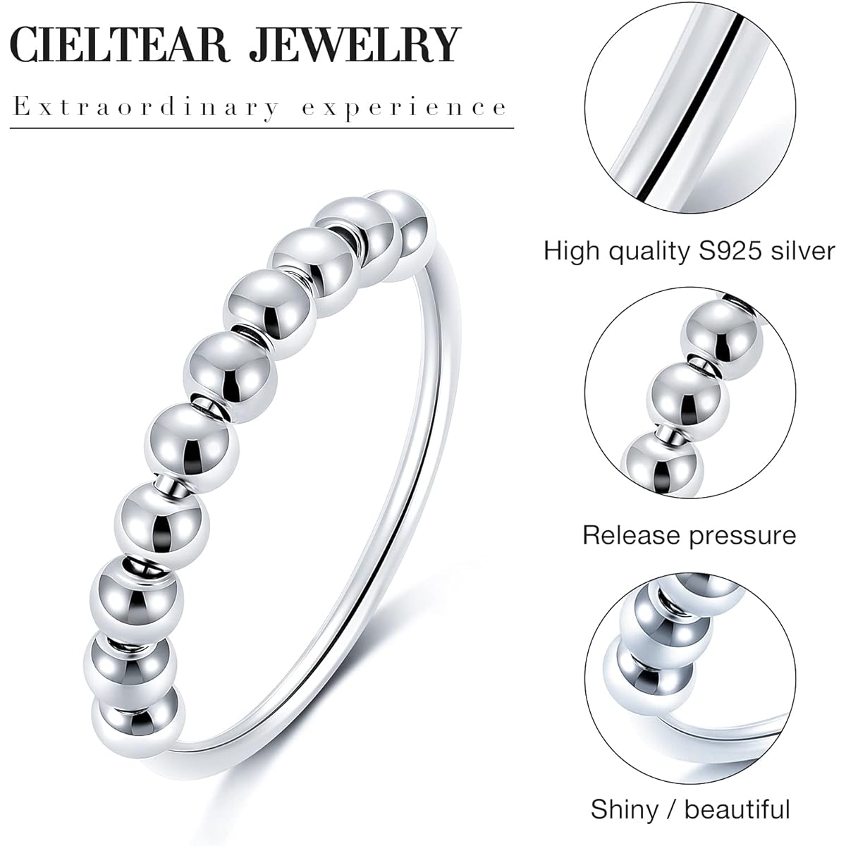 CIELTEAR Sterling Silver Anxiety Ring for Women Fidget Ring Anxiety Ring with Beads Stress Relief Gift Spinning Ring Size 5 6 7 8 9 10