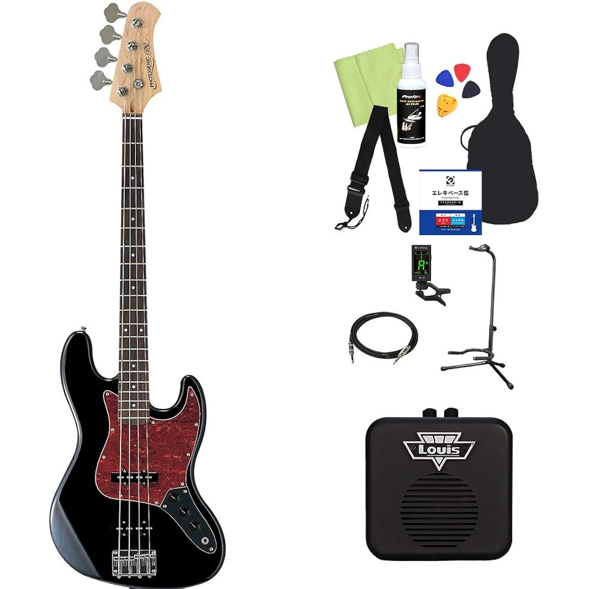 Photogenic JB240/T3P BK Bass Beginner 12 Piece Set [Mini Amplifier Included] Jazz Bass Type Photogenic