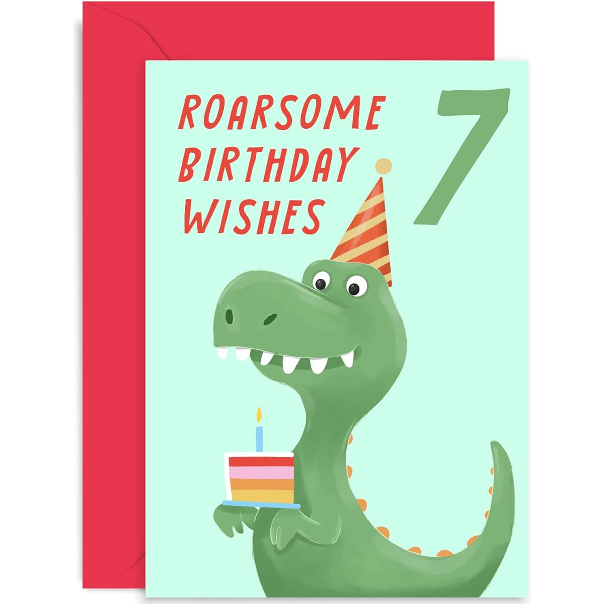 Old English Co. Fun T Rex Dino Roarsome Birthday Wishes Card for Son/Daughter - Boy's Birthday Card | Dinosaur Gifts for Birthday Party | Blank Inside with Envelope (7th Day)