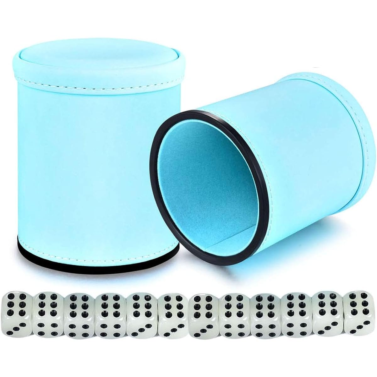 Glow in the Dark Dice Cup with Felt Lined PU Leather Shaker, Luminous Dice, Quiet for Yahtzee/Farkle/Liars Dice/Board Games, 2 Pack