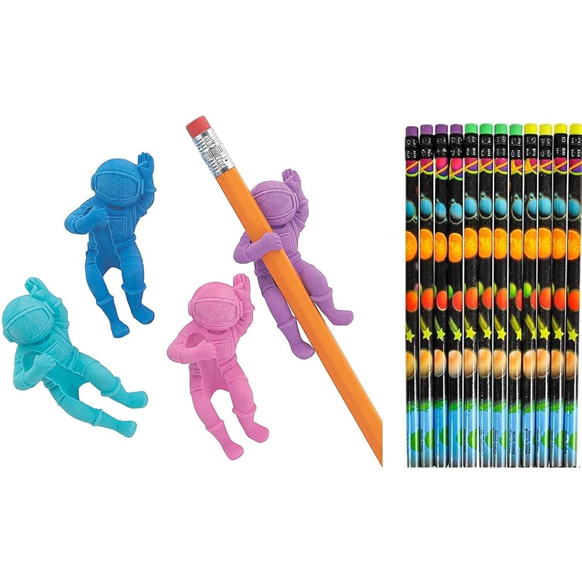 Outer Space Pencil and Eraser Set | Pencils and Astronaut Eraser Pencil Wrap - Party Favors Set
