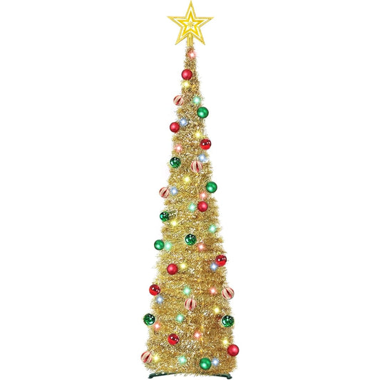 TURNMEON 5ft Pre-lit Pop-up Christmas Tree Tinsel with 50 Colors Light Timer, 30 Stars and Balls, Battery Operated Pencil Slim Artificial Tree for Holiday Party Christmas Decorations for Home Indoor Outdoor (Golden)