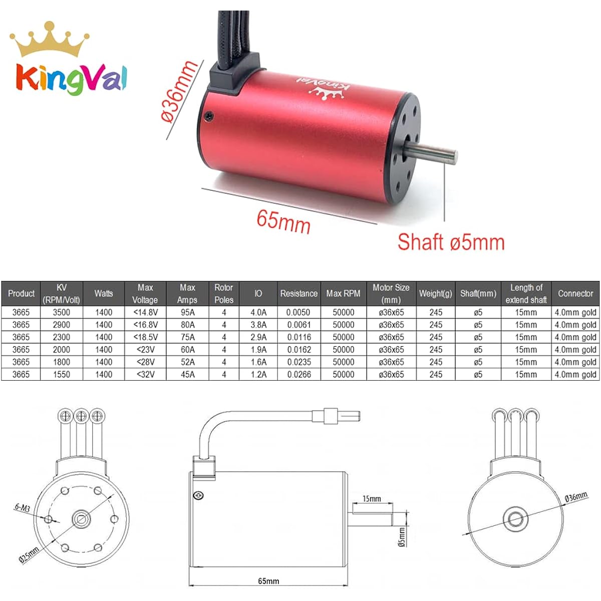 KingVal Replacement 3665 2000KV Waterproof Brushless Motor Shaft with 5mm 60A Brushless ESC for 1/10 RC Car