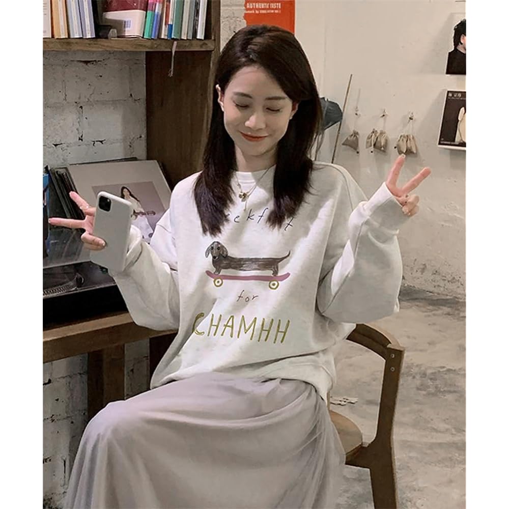 [inotenka] Women's Sweatshirt, Hoodie, Fleece-lined Sweatshirt, Tops, Large Size, Loose, Oversized, Pullover, Dog Pattern, Thin, Thick, Cotton, Korean, Cute, Commuting, Going Out, Spring, Autumn, Winter