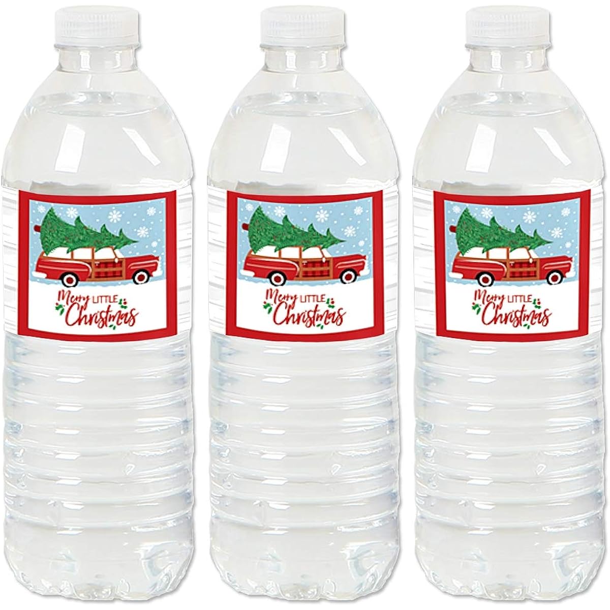 Big Dot of Happiness Merry Little Christmas Tree - Red Car Christmas Party Water Bottle Stickers Labels - Set of 20