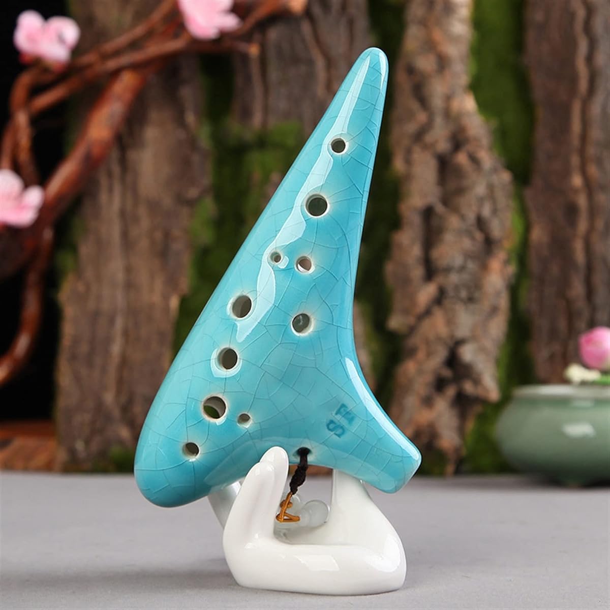 Professional Ocarina Musical Instrument 12 Holes Treble F Tone Ceramic Ocarina Cyan Crackle Glaze Ocarina with Strap Ocarina Musical Instrument