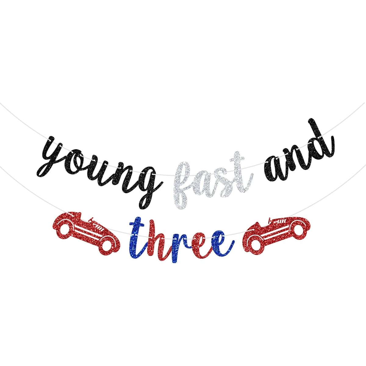 Black Glitter Young Fast and Three Banner for 3rd Birthday/Cheese to Three Race Car Theme 3rd Birthday Party Decorations