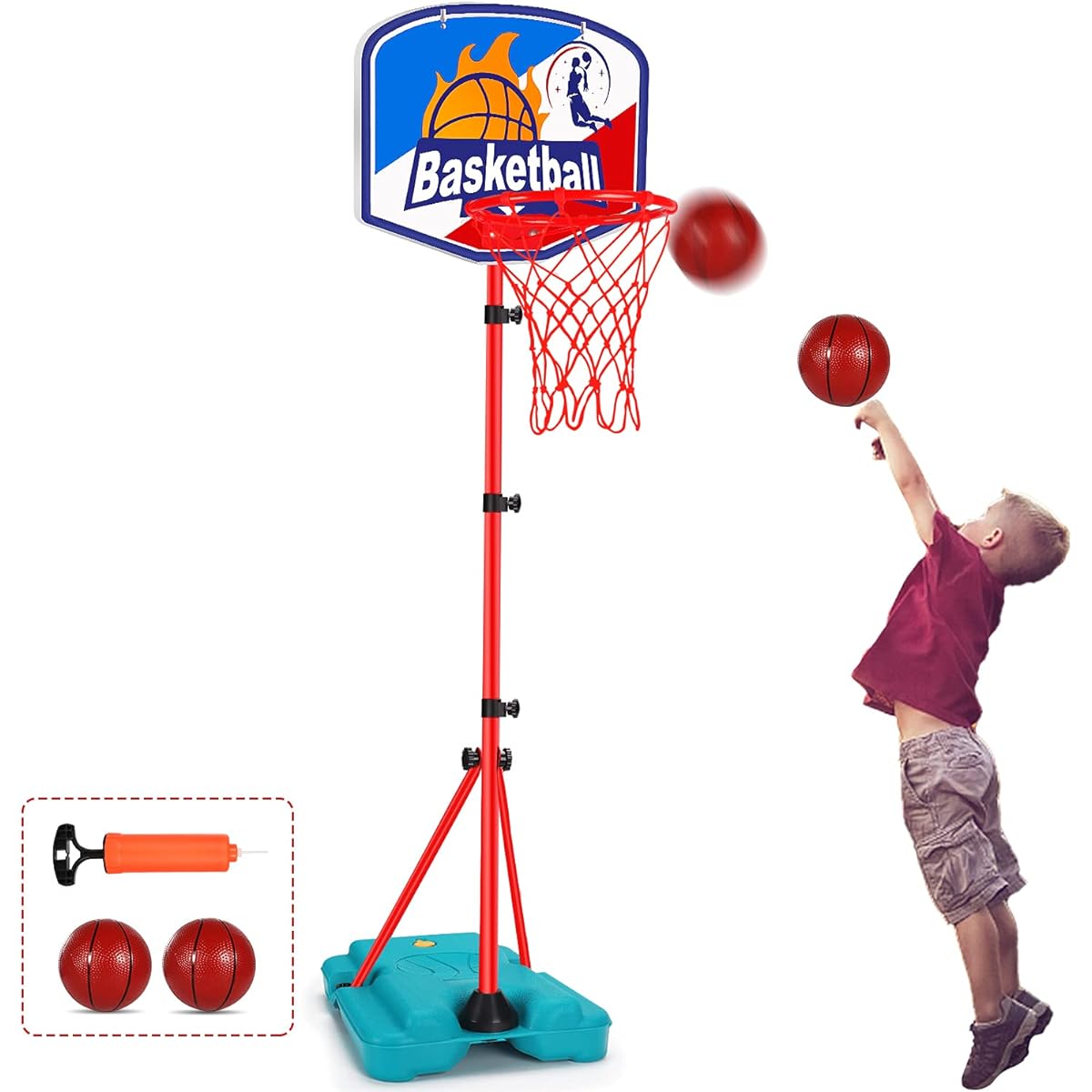 Basketball Hoop for Kids Toddlers Portable Adjustable Height 2.9ft-6.2ft for Indoor Goals Outdoor Gift with 2 Balls for Girls Boys Ages 3 4 5 6 Years Yard Backyard Games