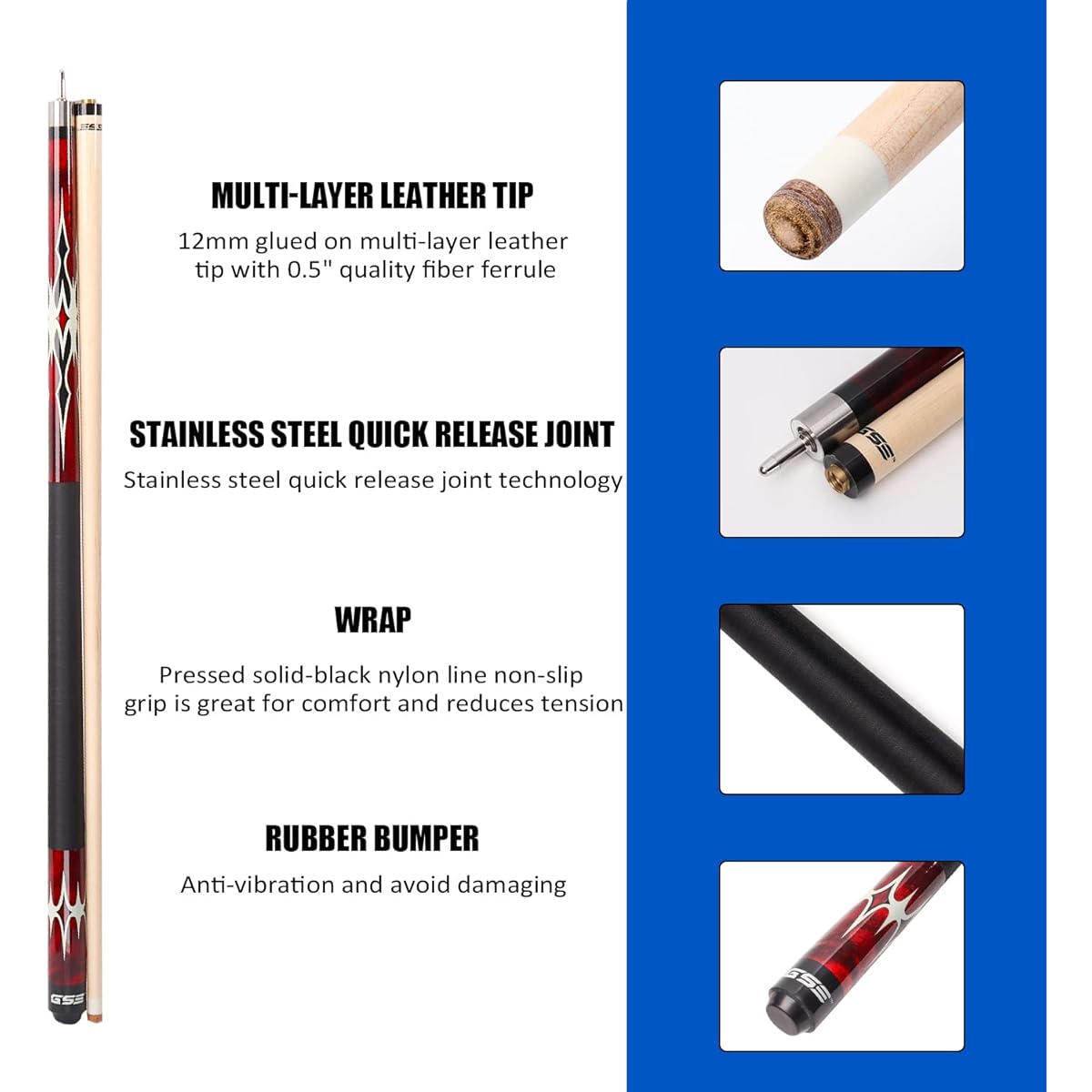 GSE Games & Sports Expert 58" 2-Piece Canadian Maple Billiard Cue Stick (4 Colors, 18-21 oz) (Red - 18 oz)