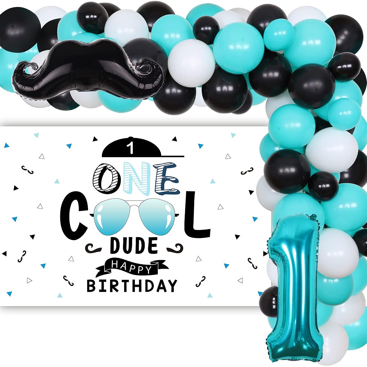 Cool Dude 1st Birthday Decorations for Boys - Teal Black Balloon Garland Cool Dude Happy Birthday Backdrop Beard and Number 1 Foil Balloon Sunglasses Theme Cool Baby Boy First Birthday