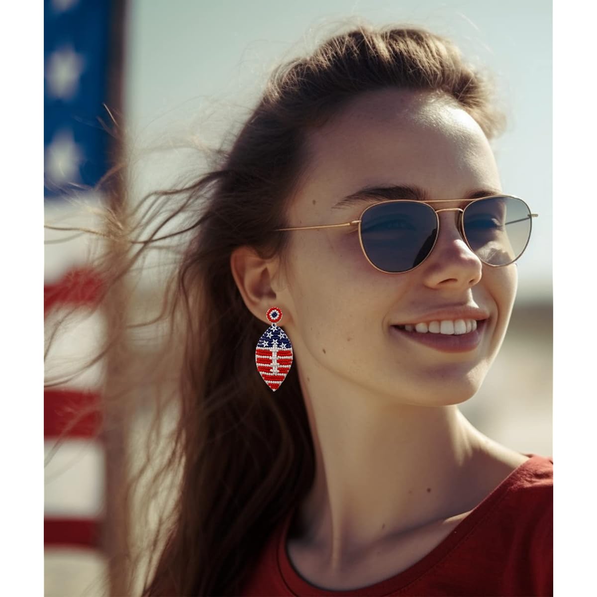 KWUNCCI American Flag Earrings 4th of July Earrings Women's Beaded Rugby Stars and Stripes USA Dangle Drop Earrings Handmade Independence Day Patriotic Earrings Holiday Accessories