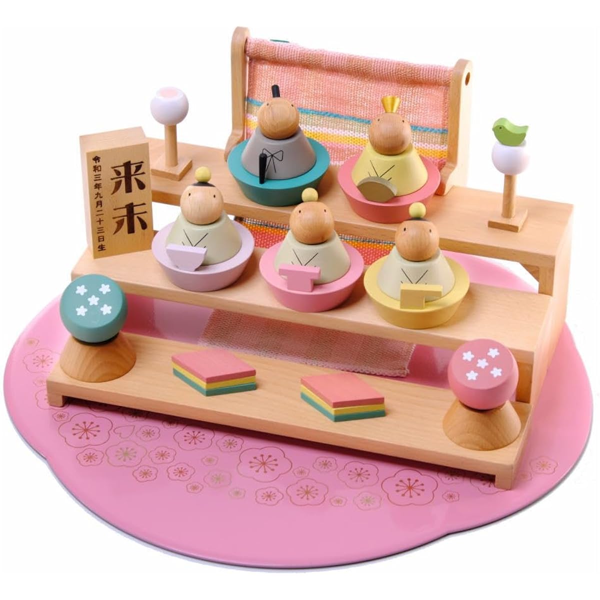 Puca's Hina Dolls, with nameplate and pink plate [2024 model] Five-person display, compact, mini, wooden Hina dolls, building blocks, Puca's Hina Dolls