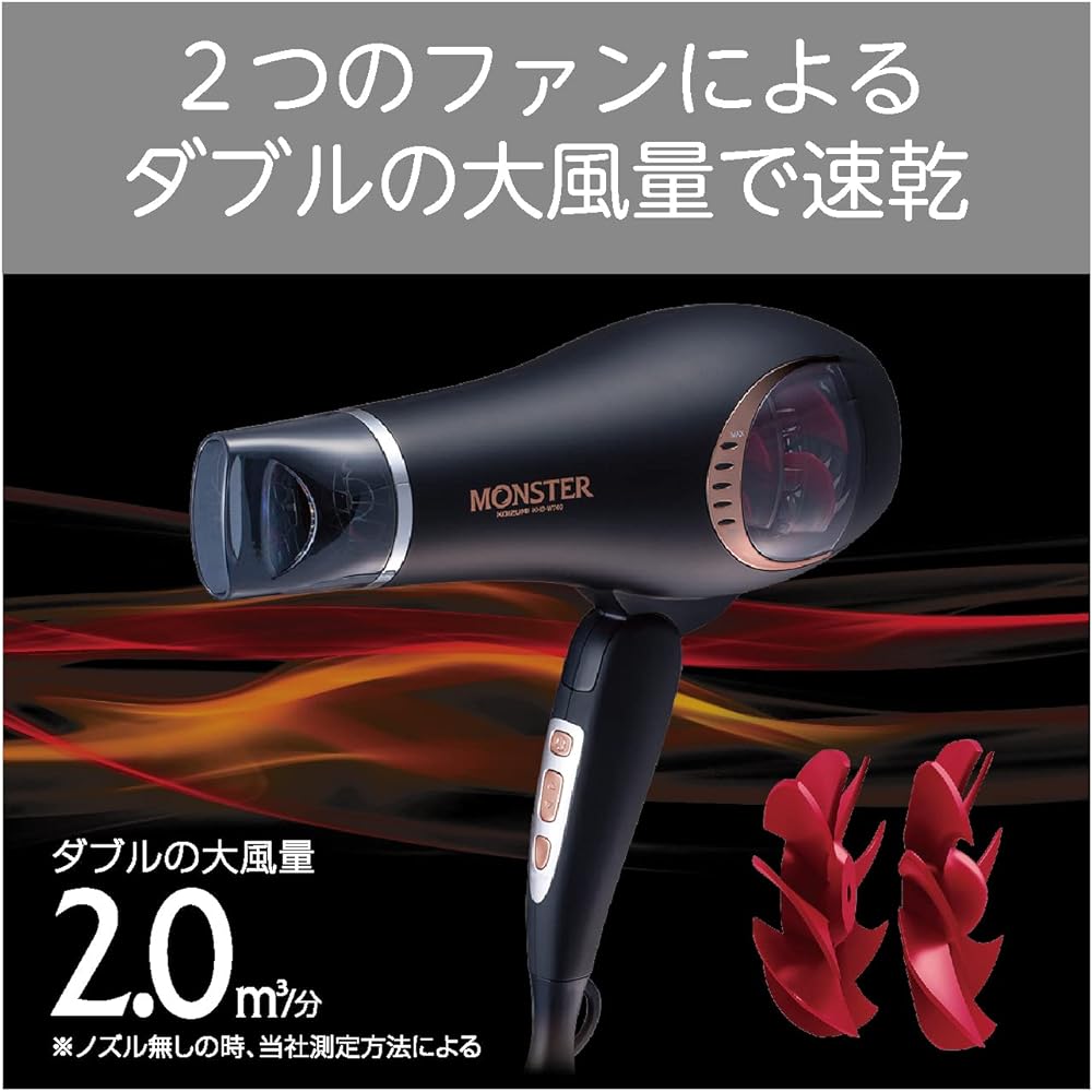 Koizumi Hair Dryer Monster Large Air Volume Quick Drying Negative Ion Black KHD-W740/K