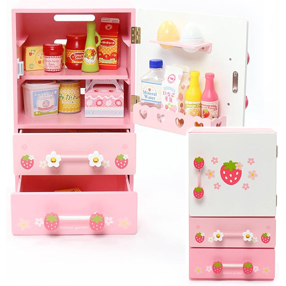 Mother Garden Wooden Toy Wild Strawberry Cutie Chilled Refrigerator Play Set 17 Pieces Finished Product 441-21590