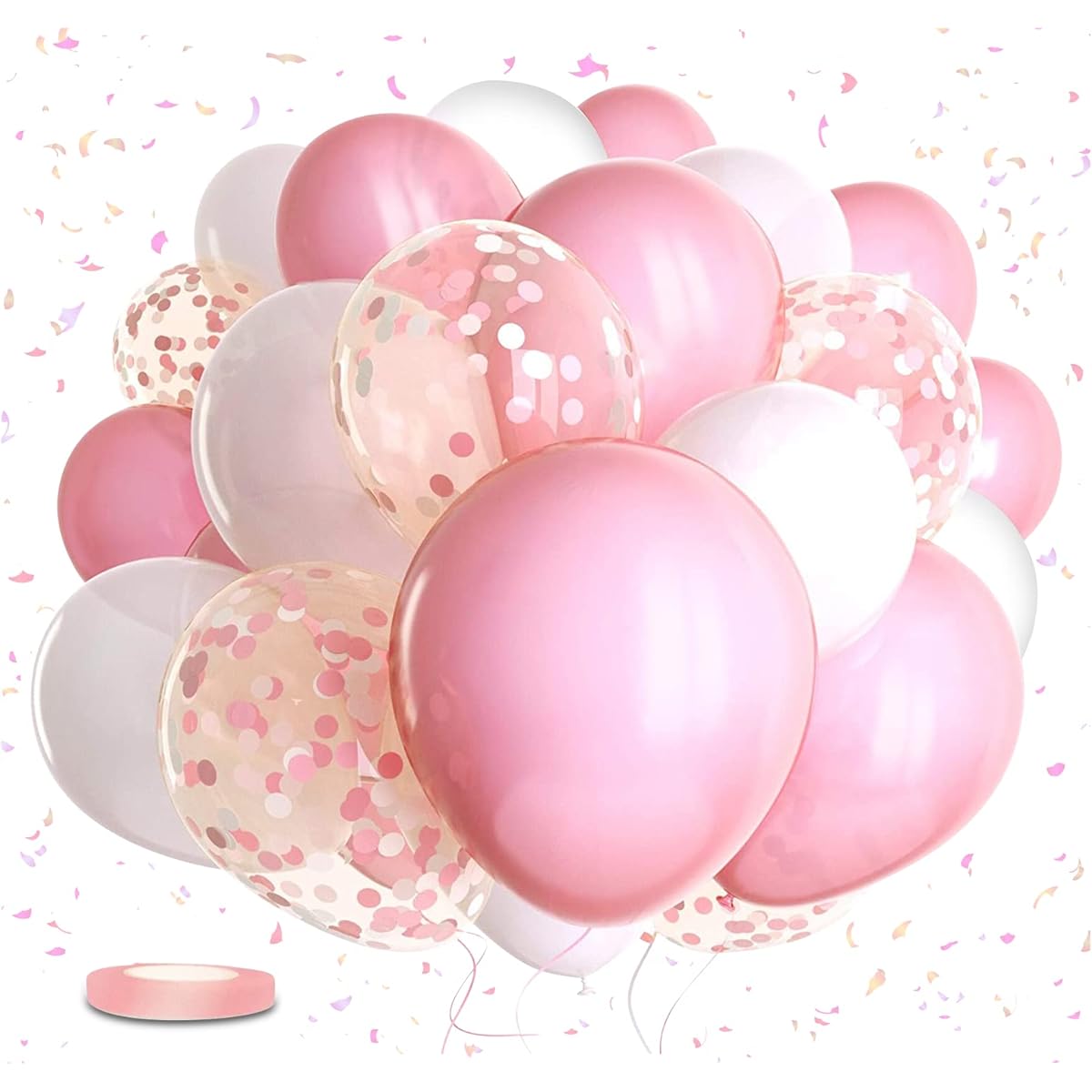 OHugs Pink Balloons - 31 Pcs Set of 15 Pink Balloons, 10 White Balloons, 5 Pink and White Confetti Balloons, 1 Ribbon for Bridal Shower, Baby Shower, Birthday Party, Gender Reveal, Wedding Decorations
